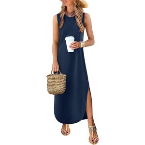 Robe longue d'été sans manches pour femme Anrabess, col rond, fendue, décontractée, pour la plage et les vacances, en tissu tissé respirant - Product Image 1