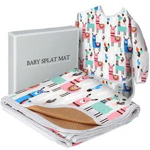 Baby Splat Mat for Under High Chair for Baby Feeding Set Splash Mat Waterproof Floor Mat + Baby Bib with Sleeves