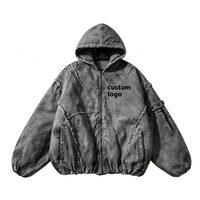 Veste à capuche surdimensionnée déstructurée en coton personnalisé pour homme, style vintage délavé, avec patchwork et bords bruts, entièrement zippée, streetwear