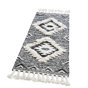 Handmade Geometric Bohemian Area Rug With Tassels Rectangle Flat <b>Weave</b> Organic Cotton Floor Mat For Hallway Home Decor - Product Image 1