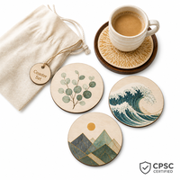 Ensemble de 4 sous-verres personnalisés en contreplaqué peuplier découpés au laser, motif vague d'eucalyptus, pour bar à domicile, table basse, cadeau, conforme CPSC, DDP