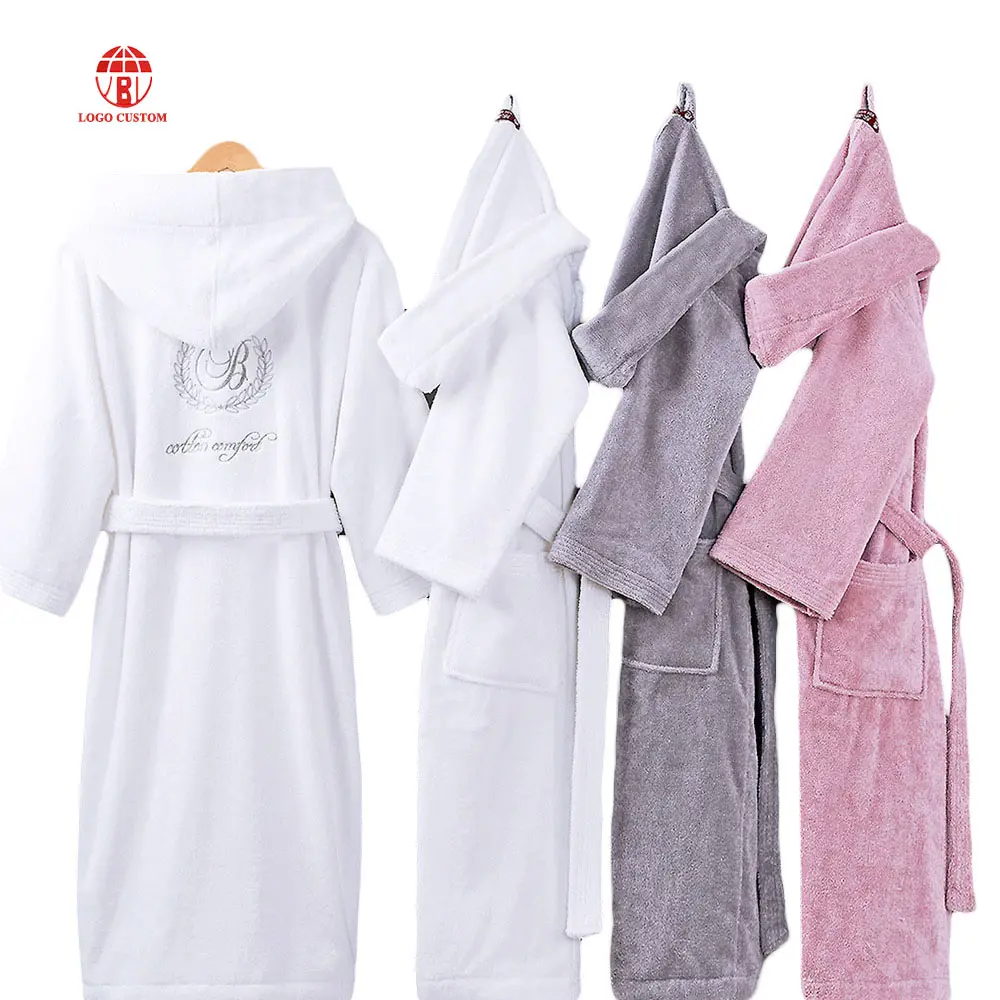 Peignoir à capuche blanc pour hôtel Peignoirs unisexes en coton 100% coton éponge pour spa d'hôtel Peignoirs de bain personnalisés avec logo pour hôtel