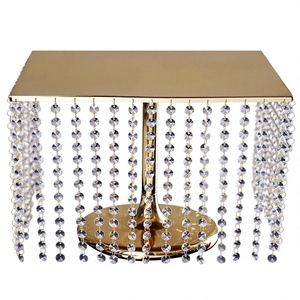 Golden Finishing Eye Catching Design Cake Stand With Hanging Crystal Beads Best Quality Decorating Metal Square Shape - Product Image 1