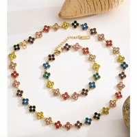 Ensemble collier et bracelet tennis trèfle à quatre feuilles multicolore en cristal, style luxe léger, pour femme