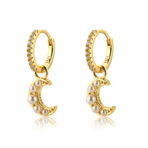 Joyería de plata esterlina para Mujer, pendientes de aro chapados en oro con perla y Luna, pendientes de oro para Mujer, pendientes de Luna Prata 925 - Product Image 1
