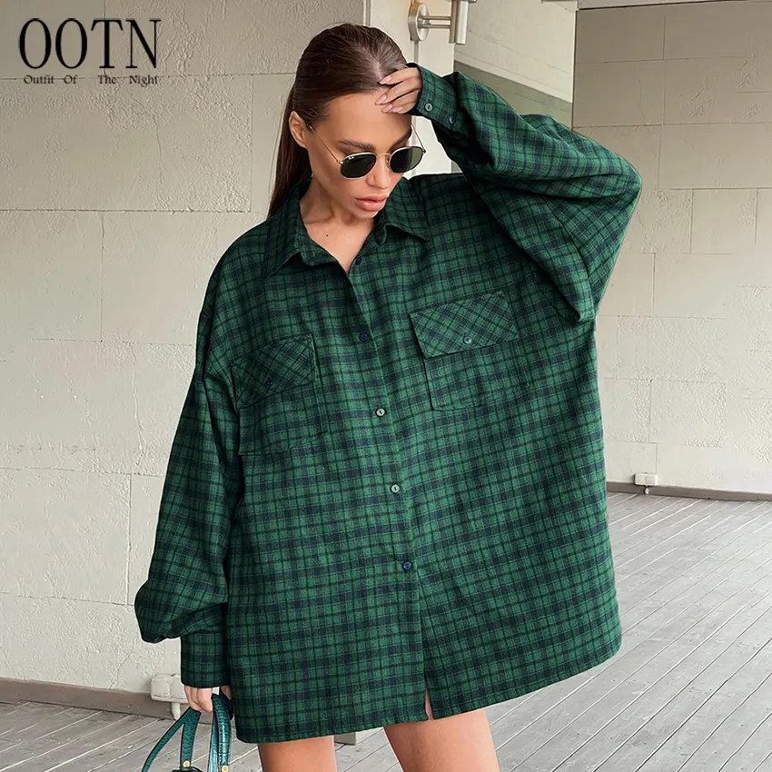 OOTN Double Pockets Casual Loose Top 2022 Women Dropped Shoulder Street Style Plaid Blouses Green Shacket Oversize Shirts