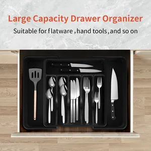 Hot Sale Drawer Flatware Storage Tray Black Expandable Cutlery Tray Plastic Organizer Tray For Cutlery