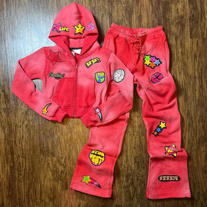 Ensemble de survêtement à capuche et pantalon de survêtement évasé unisexe épais imprimé en mélange de coton en détresse automne séchage rapide respirant - Product Image 1