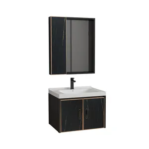 New luxury design ceramic basin with storage mirror bathroom cabinet wall mounted vanity with black color 60cm aluminum cabinet