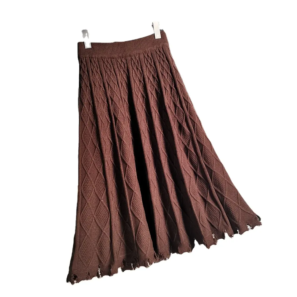 ロングフリンジスカートドレスの冬の女性の厚手のニットAラインスカート