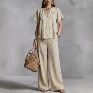 Nouvel ensemble décontracté pour <span class=keywords><strong>femme</strong></span> en coton et lin à col en V, style européen et américain, idéal pour les vacances à la plage - Product Image 5
