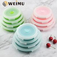 Ensemble de 4 boîtes à lunch pliables en silicone de qualité alimentaire bleues, chauffables, rondes, écologiques, contenants pour l'emballage alimentaire