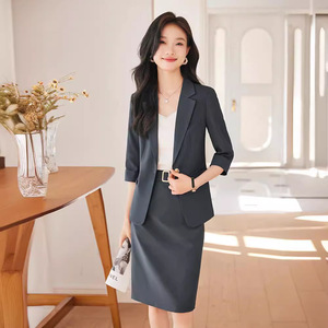 Women's Spring Suit Set Korean Style Office Lady Three Quarter Sleeve Midi Skirt Anti-Wrinkle Polyester Satin Casual - Product Image 2