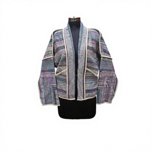 Veste longue patchwork pour femme, col châle, manches chauve-souris, vêtement d'extérieur d'automne, couleur contrastante, tissée, style vintage - Product Image 1