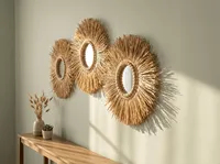 Cadeaux d'entreprise : Miroir mural artisanal bohème en fibres naturelles, décoration murale en fibres naturelles pour salon, chambre et studio de boutique