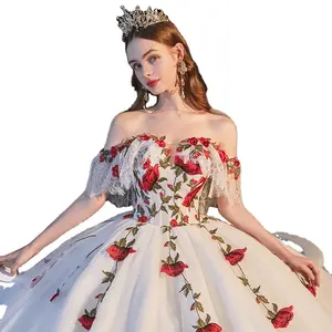 F909 New Spring 2023 Bride Off Shoulder Appliqued Embroidery Red Rose Outdoor Wedding Party Dresses