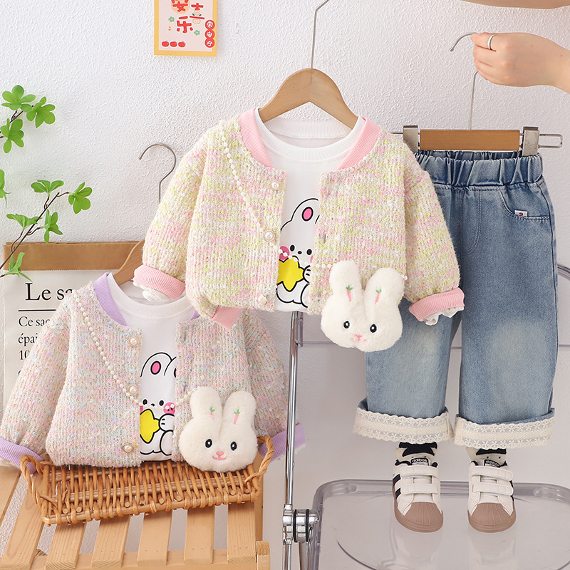 2025 Girls' Spring/Autumn New Set Korean Version Baby Children's Three-Piece Sweater/Cardigan Set Foreign Style