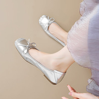 Chaussures plates d'hiver pour femmes, best-seller, avec nœud argenté, style ballerines, à enfiler, semelle souple, coupe basse, élégantes, décontractées à la française, haute qualité