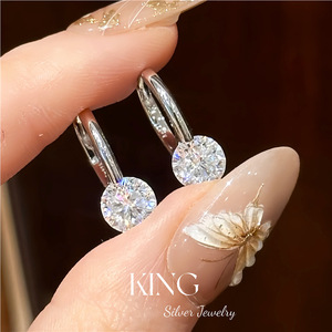 King <b>Silver</b> Jewelry Moissanite <b>Huggie</b> Earrings S925 Sterling <b>Silver</b> Round Claw Setting Everyday Wear - Product Image 1