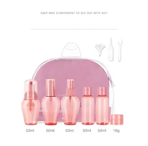 खाली गुलाबी कॉस्मेटिक यात्रा बोतल सेट प्रसाधन यात्रा के लिए आकार कंटेनर, छुट्टी व्यापार पोर्टेबल यात्रा किट पैकेजिंग सेट