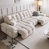 Canapé-lit électrique en tissu chenille, fonction zéro mur, style moderne et épuré, couleur crème, pour salon et home cinéma, télescopique 3 places, en bois