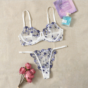 Frauen Spitze Sexy Unterwäsche Blumen stickerei <span class=keywords><strong>2</strong></span>-teiliges Set BH und Tanga Set Hot Sheer Sexy Dessous für Frauen - Product Image 6