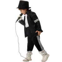 Costume Michael Jackson pour enfants, tenue de danse, veste noire à paillettes, haut-de-forme, gants blancs, vêtements de spectacle
