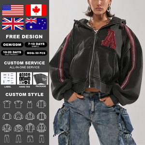 Sweat à capuche unisexe KingSen vintage délavé avec fermeture éclair, patchs brodés numériques 3D, sangles élégantes sur les manches, coupe décontractée streetwear - Product Image 2