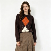 Pull en maille Argyle effet cachemire pour femme, col rond ample, personnalisable ODM, chaud et doux, idéal pour l'hiver, le quotidien et le bureau