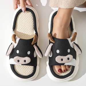 Femmes Funny Cow Print Indoor Slippers Linen Platform Trample Feel House Shoes - Product Image 6