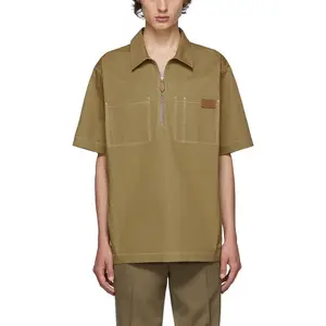 Custom Design Good Quality Short Sleeves Stich Pockets Half Zipper Closure Turn Down Straight Loose Fit Khaki Mens T Shirts