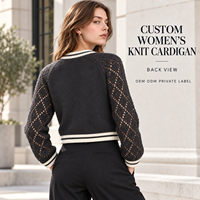 Cardigan en tricot ajouré personnalisé pour femme, col rond, bordure contrastante, manches raglan, coupe courte, boutonné, idéal pour le printemps et le bureau