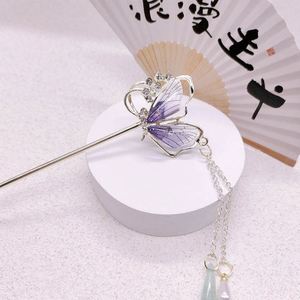 Épingle à cheveux de style ancien pour filles, bijou élégant en métal, bâtonnet à cheveux vintage avec fleur, papillon et pompon, accessoires de coiffure Hanfu - Product Image 5