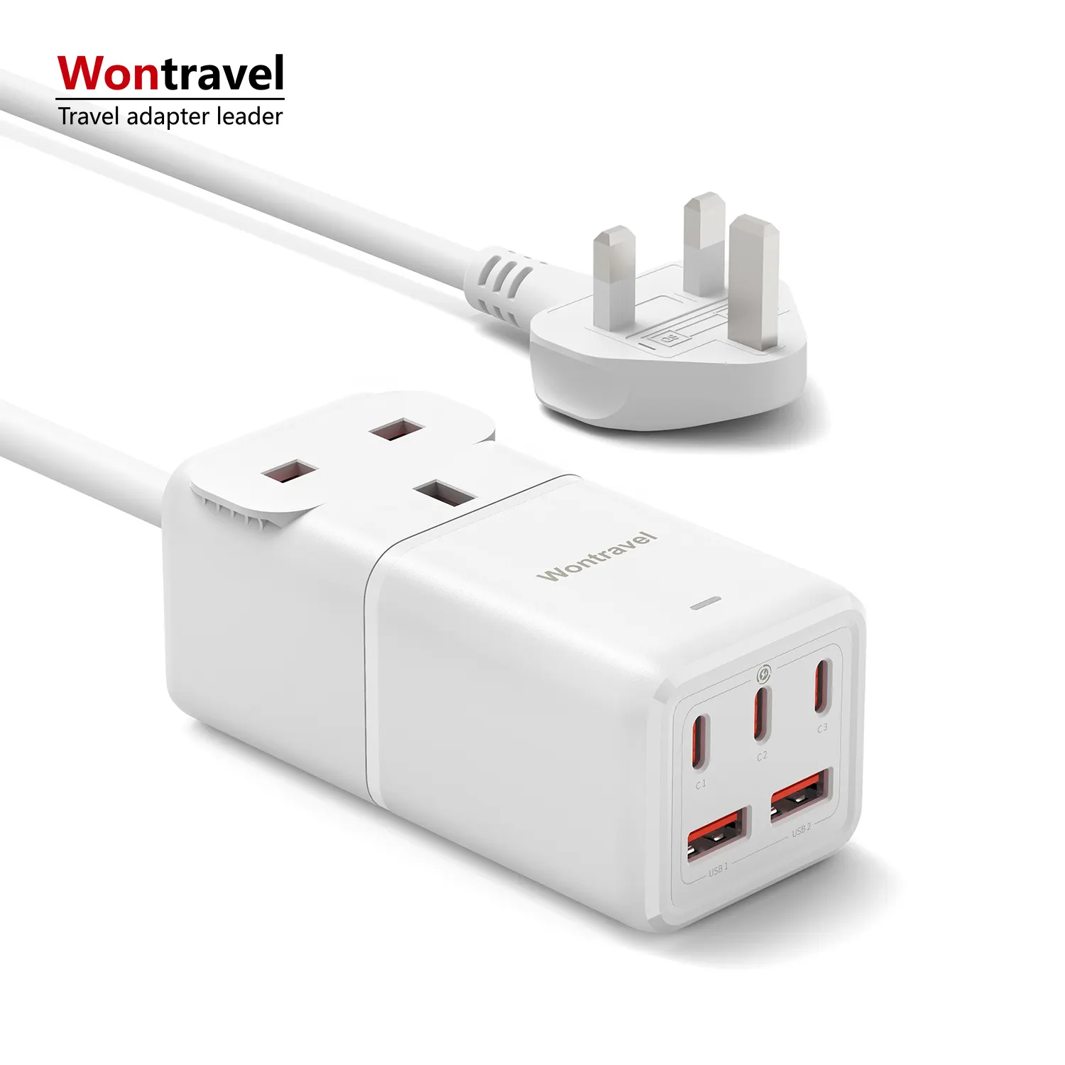 Wontravel 75W PPS 6 outlet Inggris Multi cepat Tipe C Power Strip Extionsion dengan outlet AC dan Port pengisian USB