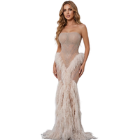 Robe de soirée sirène élégante sans bretelles pour femme, en maille, ornée de strass et de plumes, pour fêtes, banquets, tenue de scène pour chanteuse