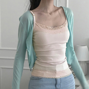 Sweet Mint Green Breathable Eco-Friendly <b>Patchwork</b> Lace Trim Sleeveless Knit Backless Sexy Women's Spaghetti Strap Cami <b>Top</b> - Product Image 4