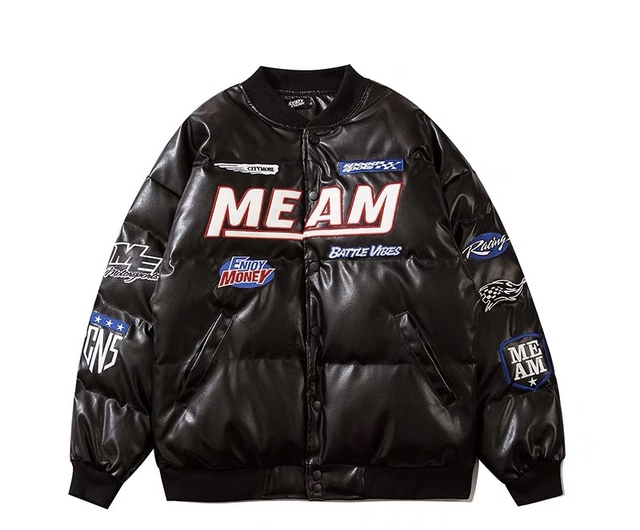 Custom logo Embroidery Patch Oversized  Black Color Shiny Leather Varsity Jackets Winter Bomber Puffer Men Plus Size Jackets