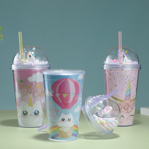 Cartoon Plastic <b>Straw</b> <b>Cup</b> With <b>Lid</b> <b>And</b> <b>Straw</b> Mixed Color For Students Summer Drinkware Two Piece Set - Product Image 3