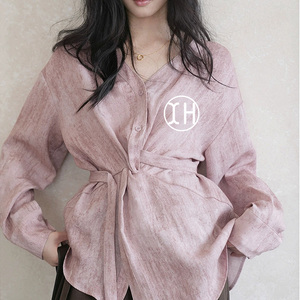 Produttore di Abbigliamento, Camicetta Trendy in Lino per Donna, Top Casual Elegante <span class=keywords><strong>con</strong></span> Bottoni, Scollo a V, Maniche Lunghe e <span class=keywords><strong>Cintura</strong></span> - Product Image 1