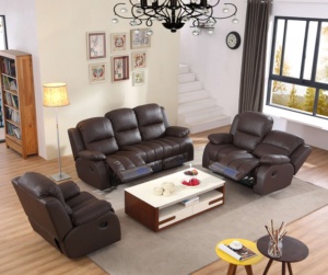 Moderno y Lujoso Conjunto de Sofá Reclinable de Cuero Genuino con Función de Masaje Extensible, Eléctrico, Seccional de Tres Asientos, con Control Remoto - Product Image 1