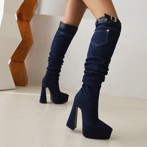 Retro Denim Women Over Knee Boots Belt Buckle Platform Long <b>Booties</b> Dark Jeans Ladies High Chunky Heel Shoes - Product Image 6
