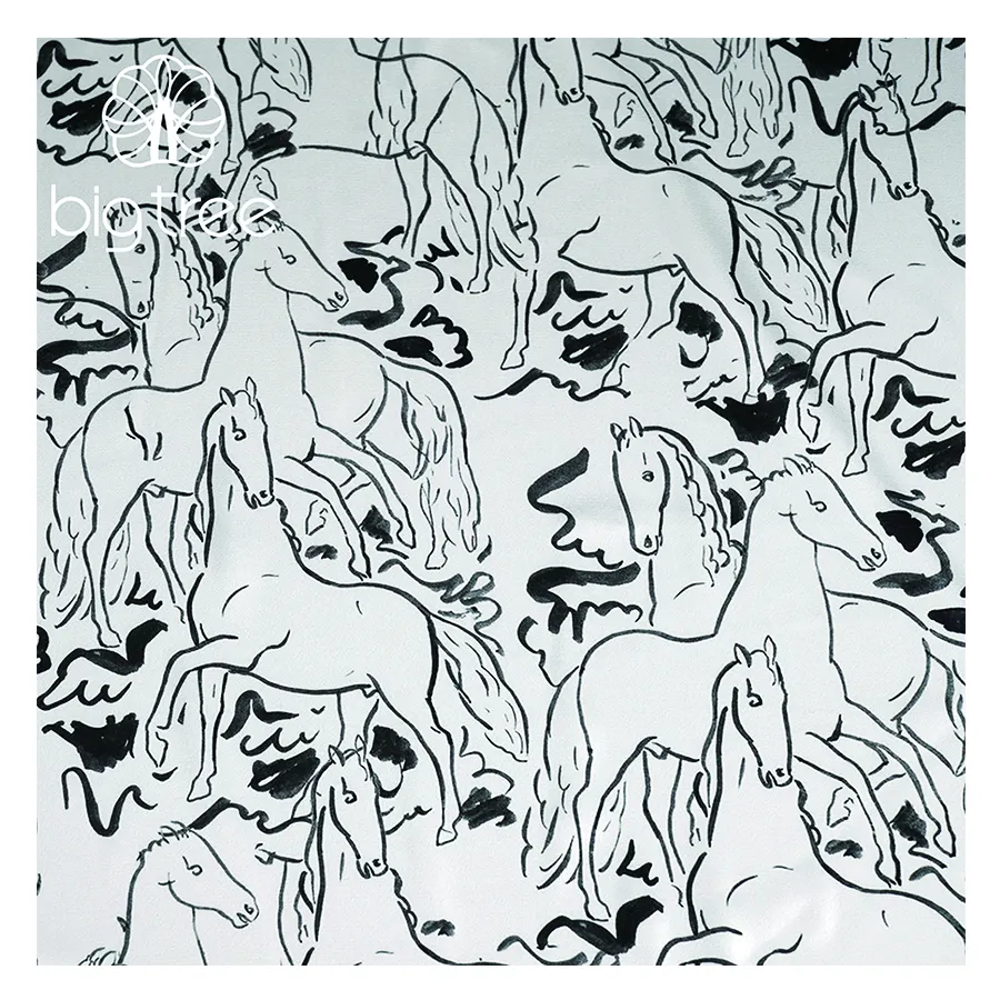 New Design 100% Polyester Graffiti Horse Animal Print Digital Printed Silk Satin Fabric for Dress Skirt Robe