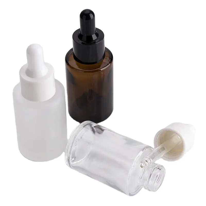 Botella de vidrio ámbar con gotero de metal blanco y negro, botella de vidrio plano con cuentagotas para aceites esenciales, 20ml, 30ml, 40ml, 50ml, 60ml, 80ml, 100ml