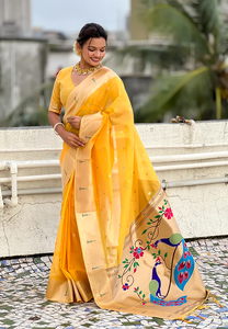 Saree Paithani en organza jaune traditionnel avec un design tissé Zari complexe, parfait pour les occasions festives et les vêtements ethniques élégants - Product Image 6