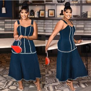 Taglie forti 4Xl africano da donna elegante senza maniche con cinturino <span class=keywords><strong>lungo</strong></span> in <span class=keywords><strong>Denim</strong></span> - Product Image 1