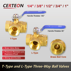 黄铜三通球阀 T L型 全通径 内螺纹接口 1/4至3/4英寸 适用于水油气流量控制用球阀 - Product Image 2