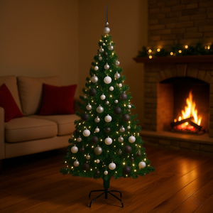 Árbol de Navidad artificial de 70.9 pulgadas en verde, PVC, acero y plástico con luces LED, decoración festiva para uso en interiores del hogar. - Product Image 2