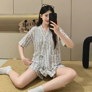 Pyjama d'été pour <span class=keywords><strong>femme</strong></span>, ensemble <span class=keywords><strong>kimono</strong></span> <span class=keywords><strong>Geisha</strong></span> nuageux, mignon, dessin animé, manches courtes et short - Product Image 4