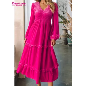 Lieber Liebhaber Großhandel Valentinstag Mode Hochwertige Shirred V-Ausschnitt Rüschen Elegante Langarm Maxi Samt Kleid Frauen