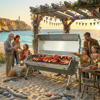 Barbecue commercial moderne avec rôtissoire, moteur personnalisable 15W, en acier inoxydable robuste, grill combiné gaz-charbon pour restaurant